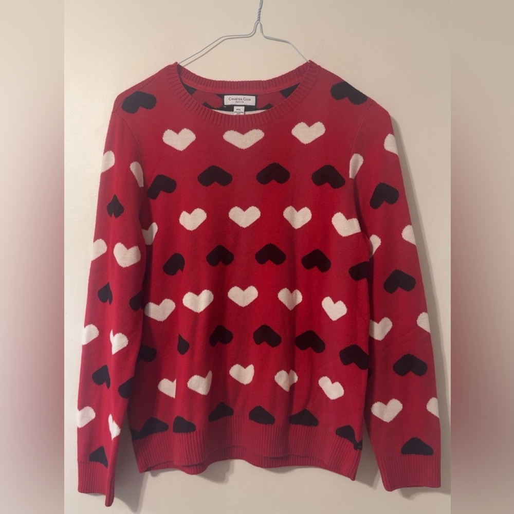 Charter Club Women’s Petite Large Red Heart Long Sleeve Pullover Sweater Cotton
